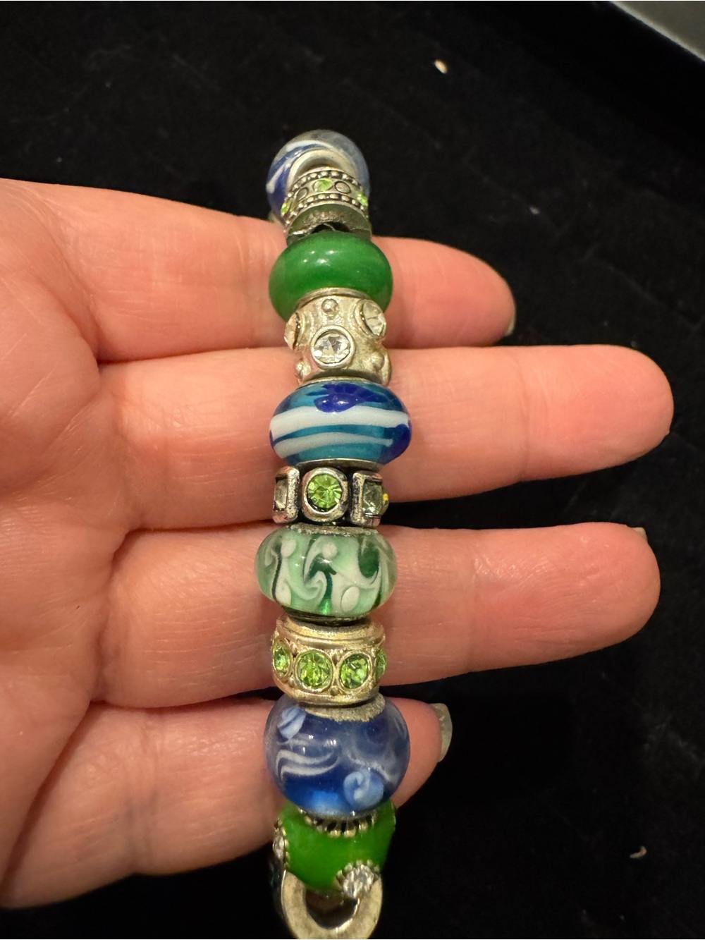 European Style Charm Bracelet Blue Green Glass Beads Rhinestone Silver Tone